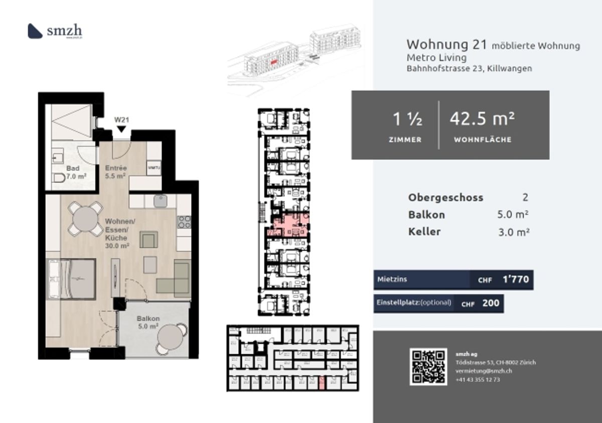 1.5-Zimmer, möbliert, Balkon - direkt am Bahnhof Killwangen - 1